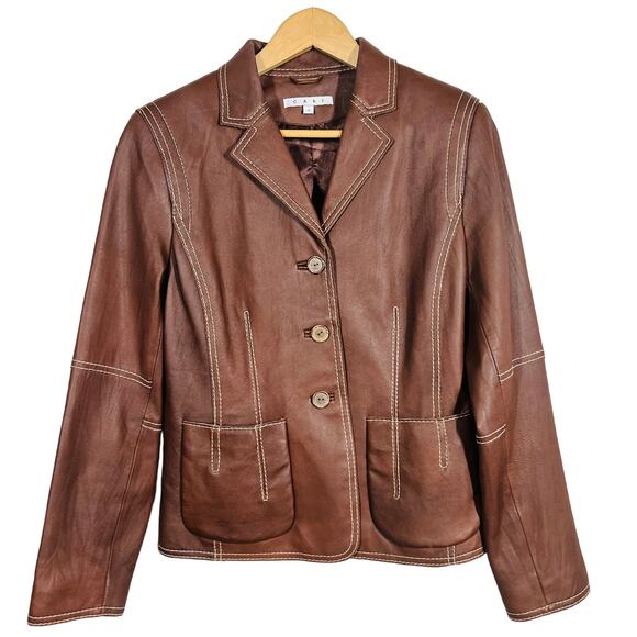 Cabi Leather Contrast Stitch Jacket Brown Waist Pockets Casual Winter - 8 - Picture 1 of 5